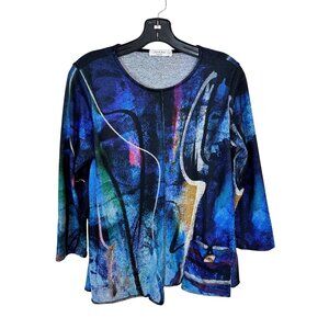 Jess & Jane Womens Tunic Top Abstract Print Blouse Small Blue Long Sleeve Soft